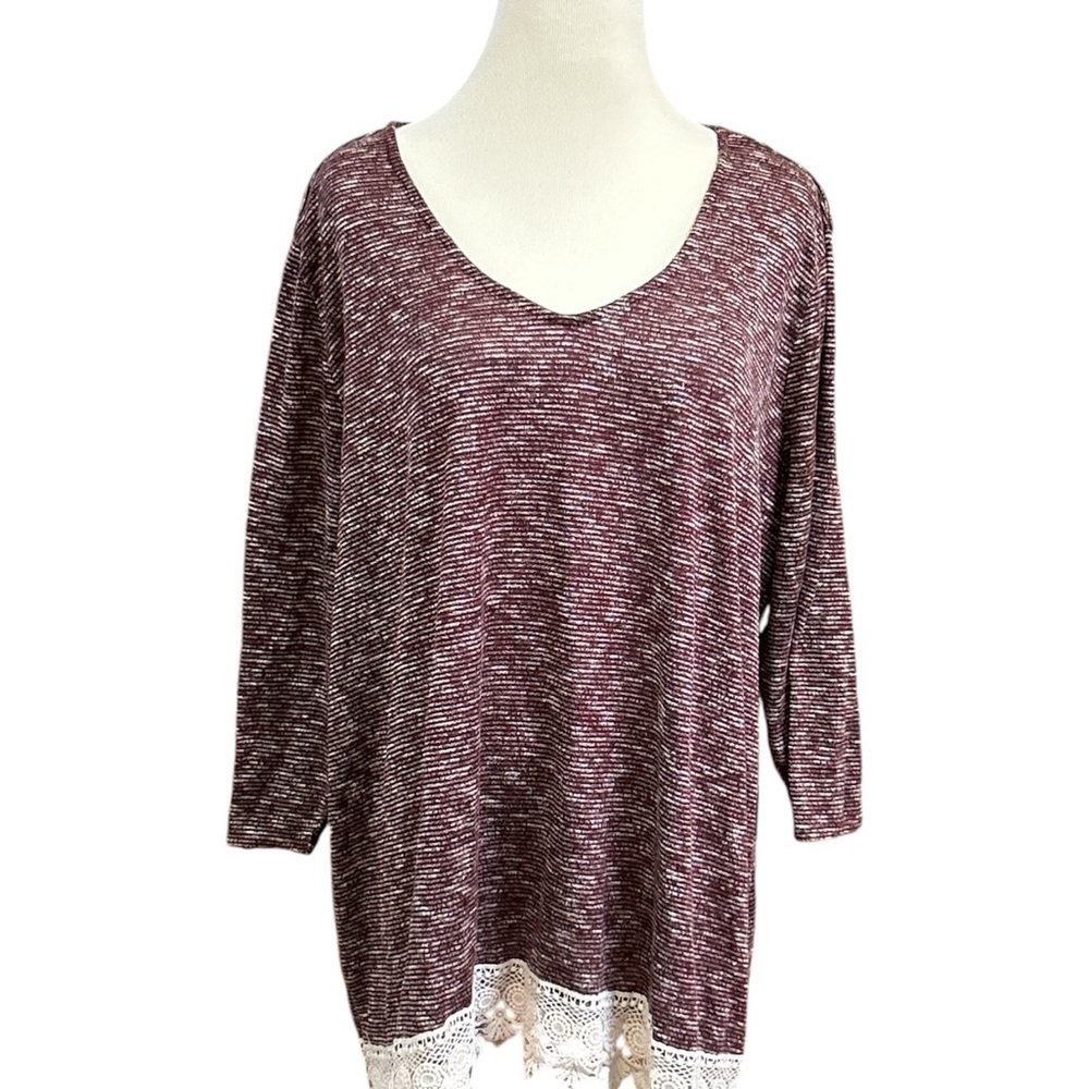 Kate & Sam Pullover Women's Top Shirt Size 3X  3/4  Sleeves Crochet Burgundy